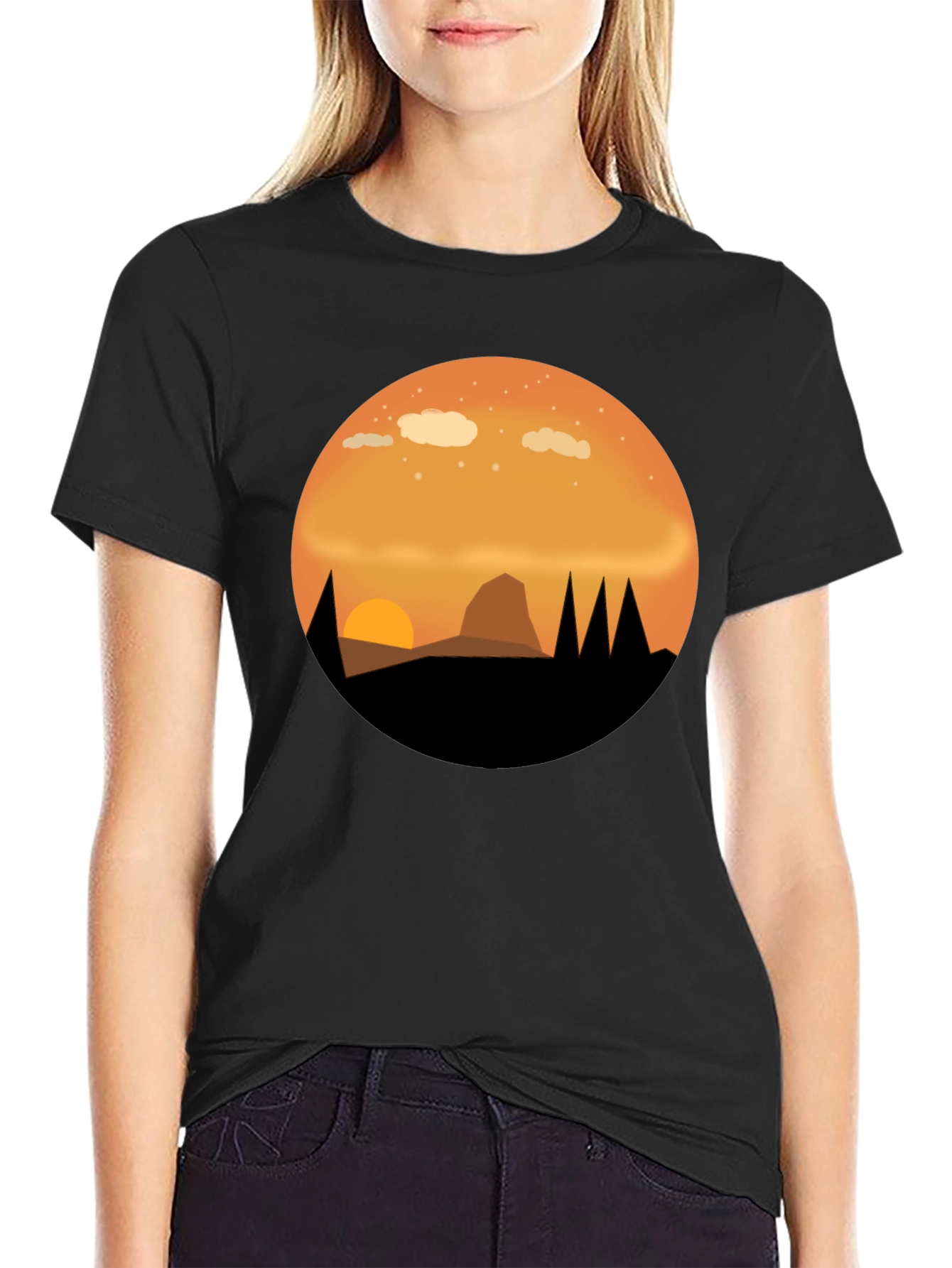 Sunset Mountain Graphic Tee - Black Cotton T-Shirt