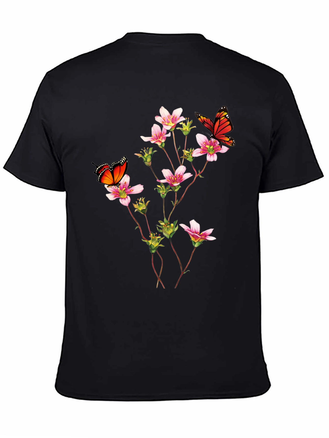 Butterfly & Floral Print Black T-Shirt
