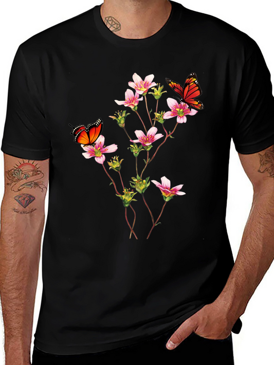 Butterfly & Floral Print Black T-Shirt