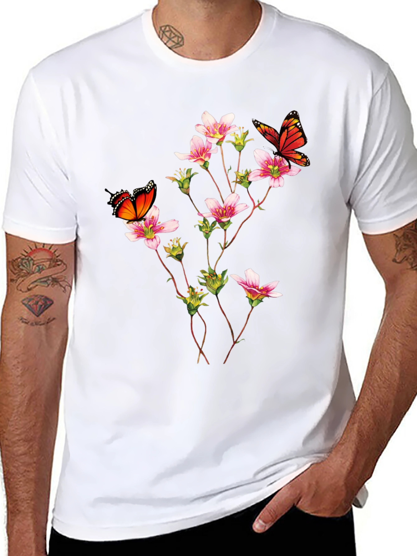 Butterfly & Floral Print Black T-Shirt
