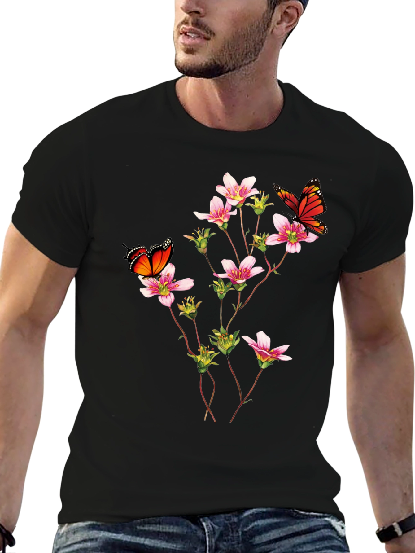 Butterfly & Floral Print Black T-Shirt