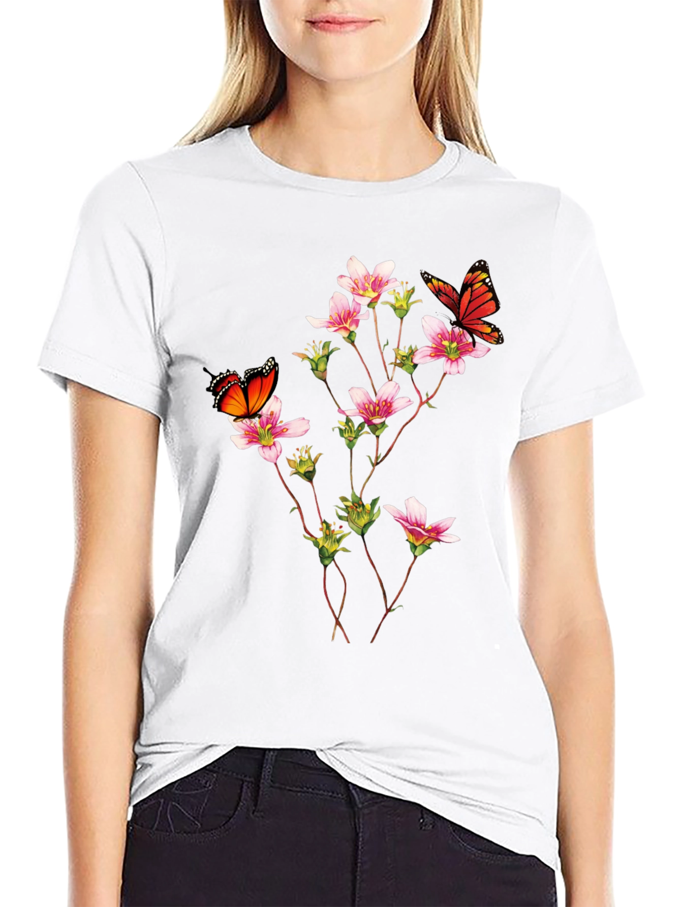 Butterfly & Floral Print Black T-Shirt