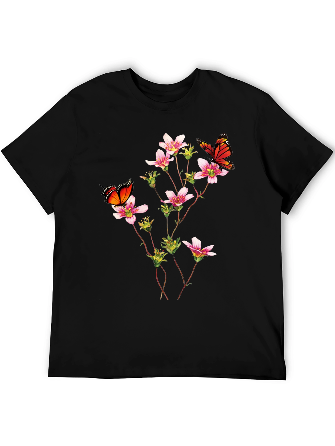Butterfly & Floral Print Black T-Shirt