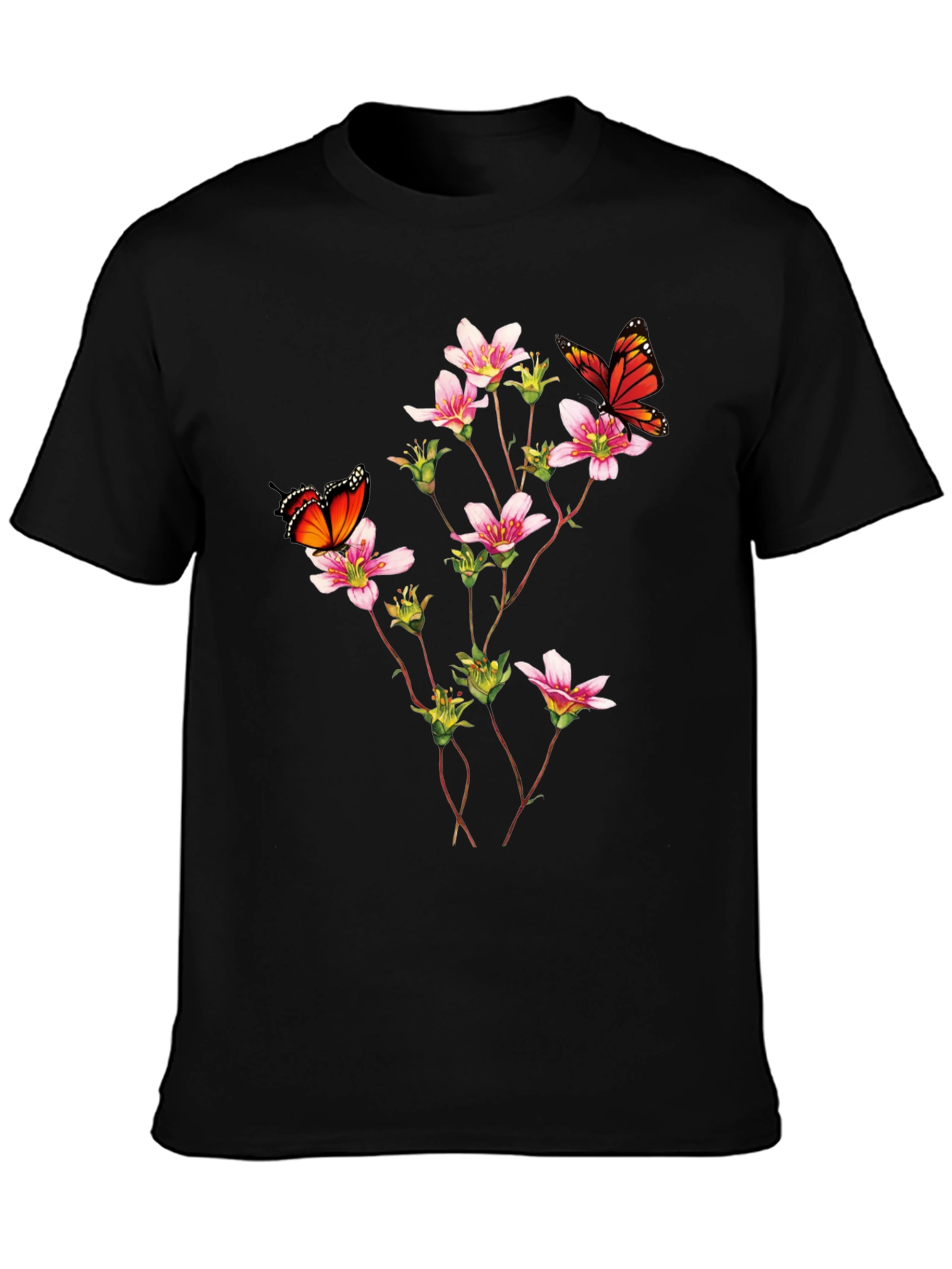 Butterfly & Floral Print Black T-Shirt