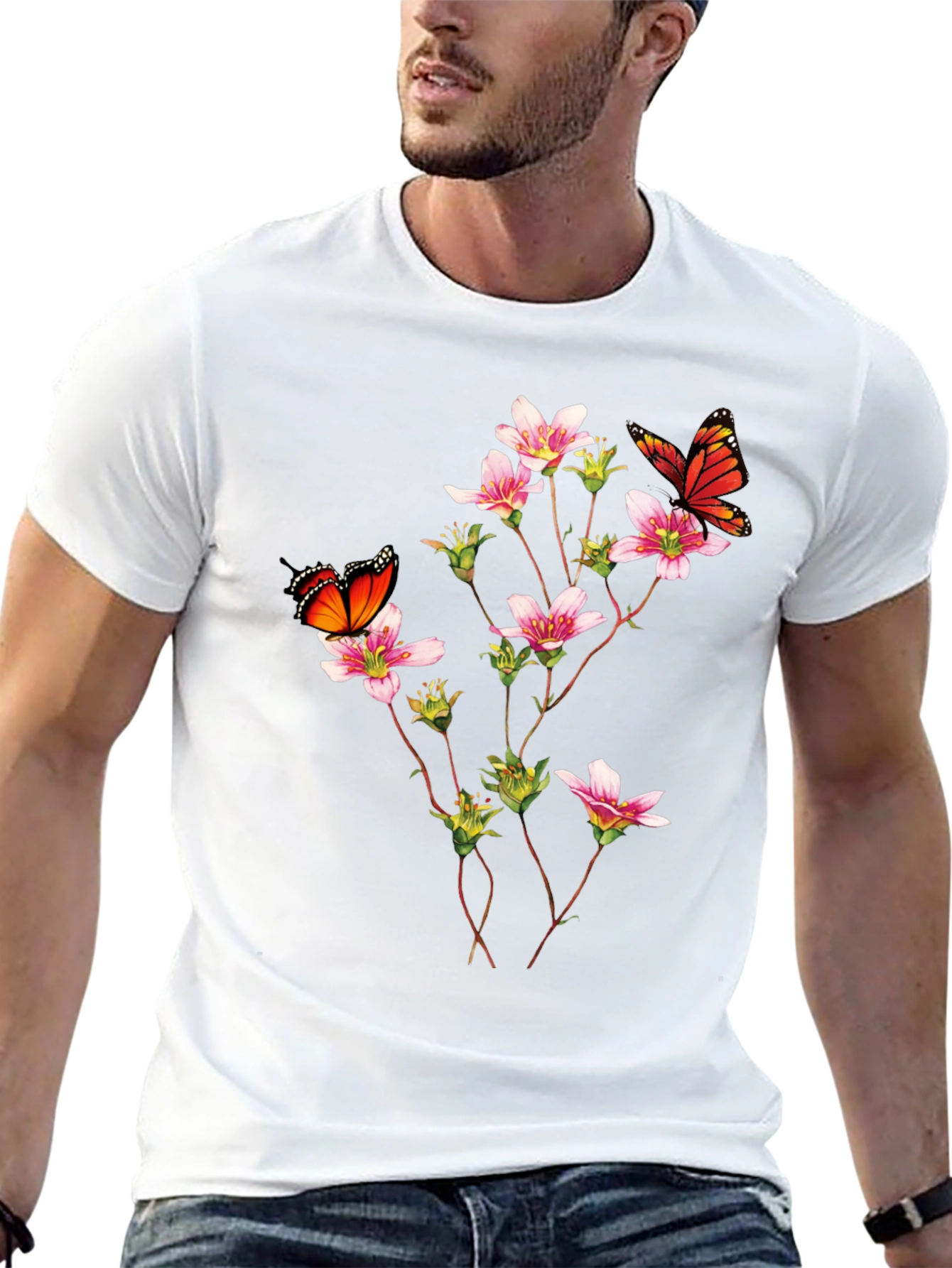Butterfly & Floral Print Black T-Shirt