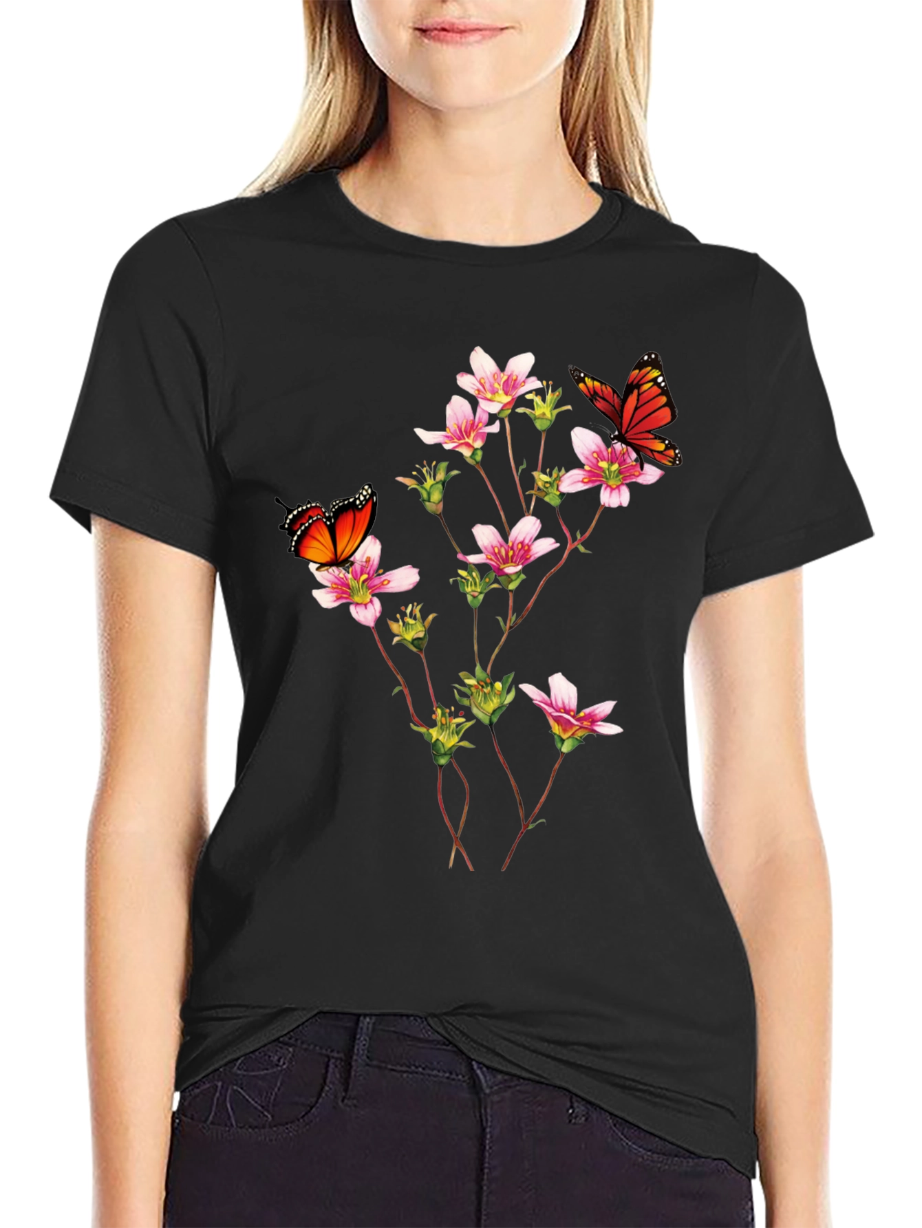 Butterfly & Floral Print Black T-Shirt