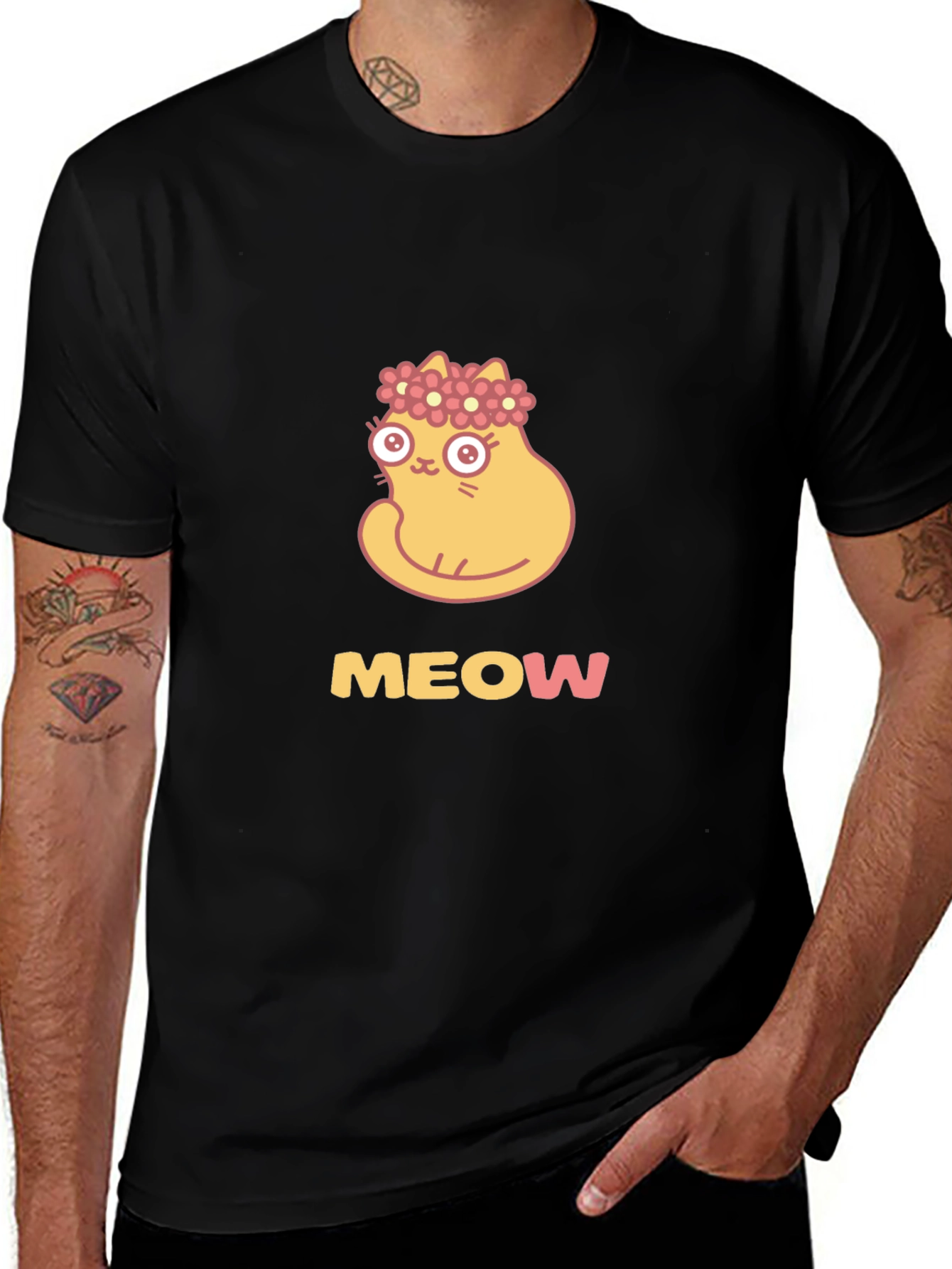 Cute Cat Flower Crown Black T-Shirt