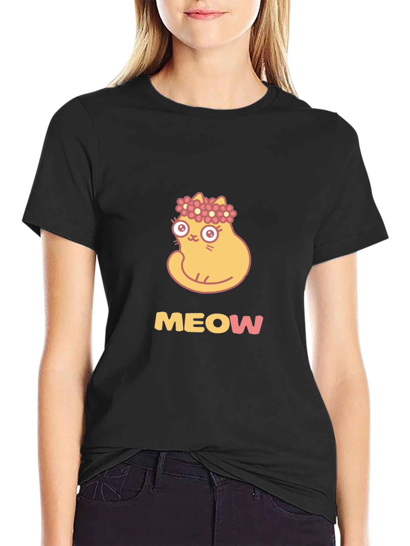 Cute Cat Flower Crown Black T-Shirt