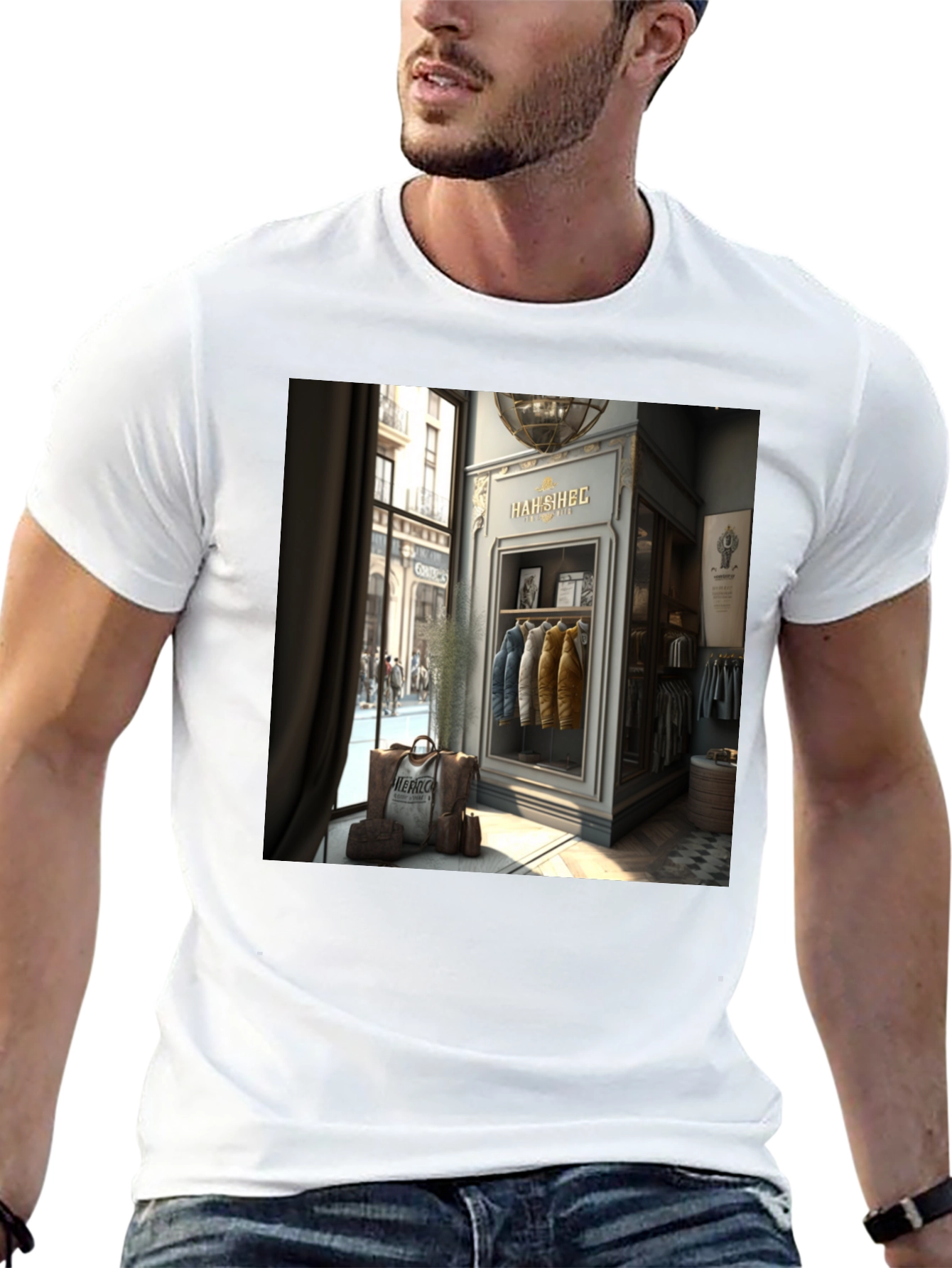 Stylish T-Shirt with HAH SIHEC Shop Print