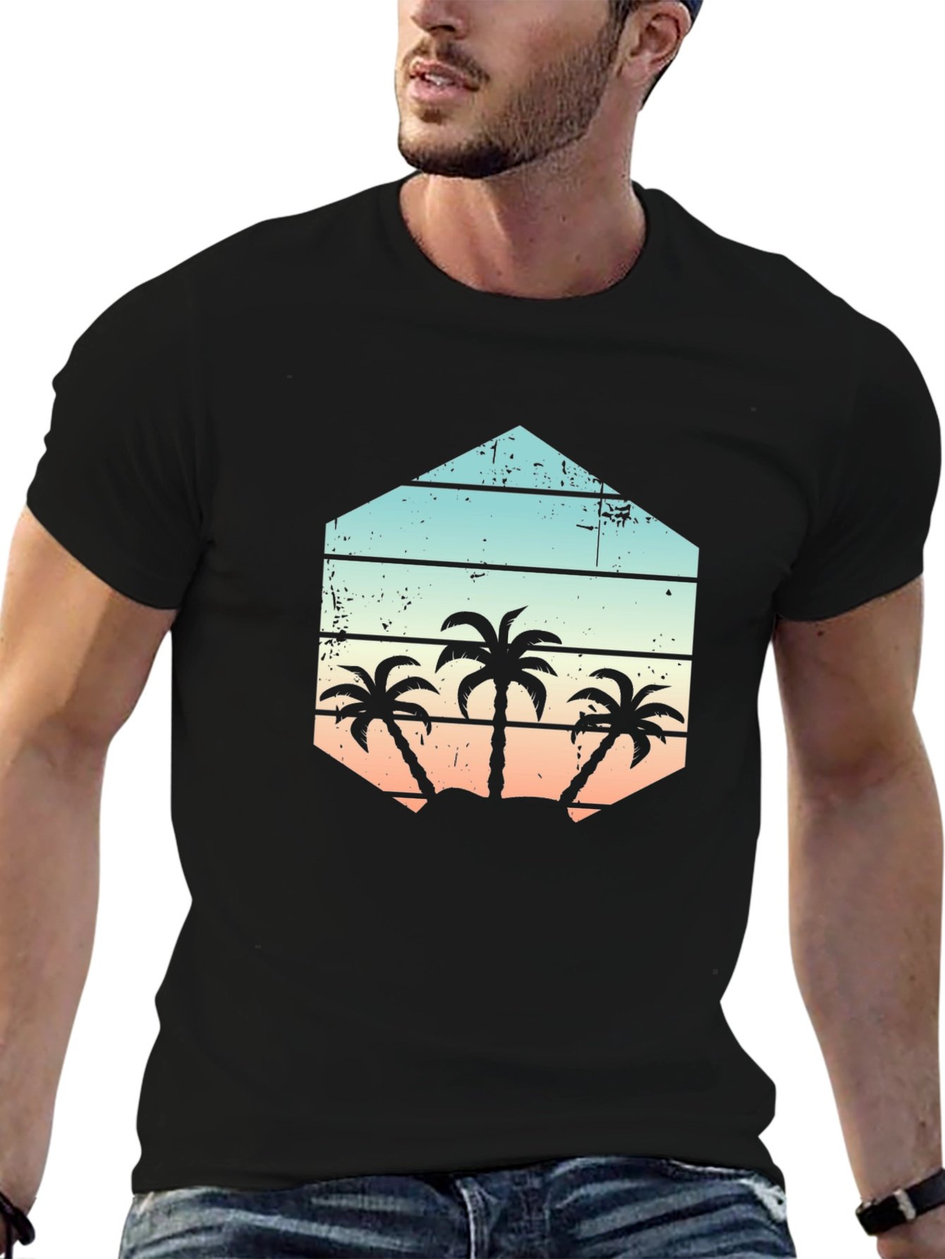 Retro Palm Tree Graphic Tee - Black