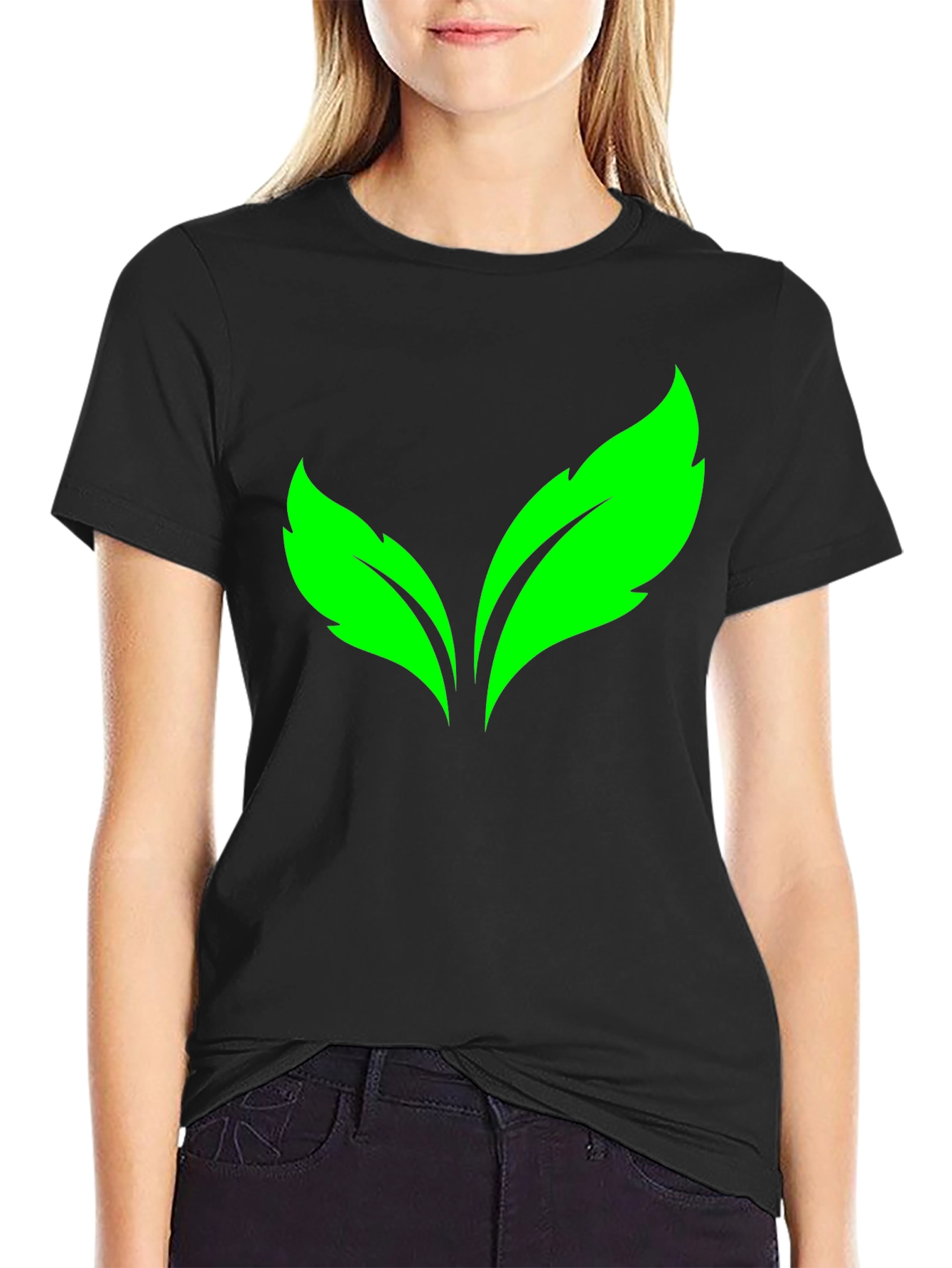 Green Leaves Graphic Print Black T-Shirt
