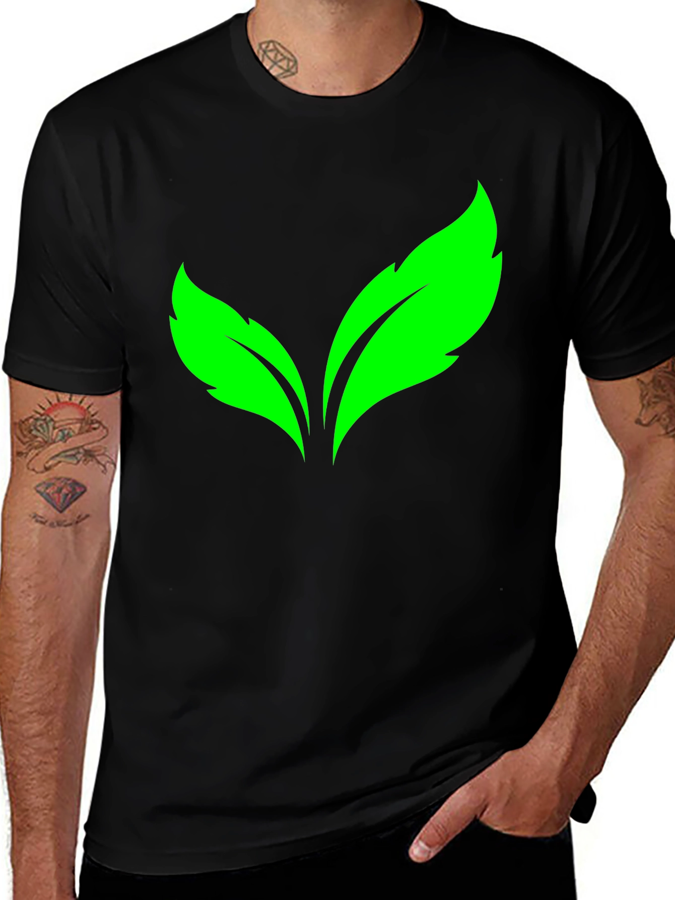 Green Leaves Graphic Print Black T-Shirt