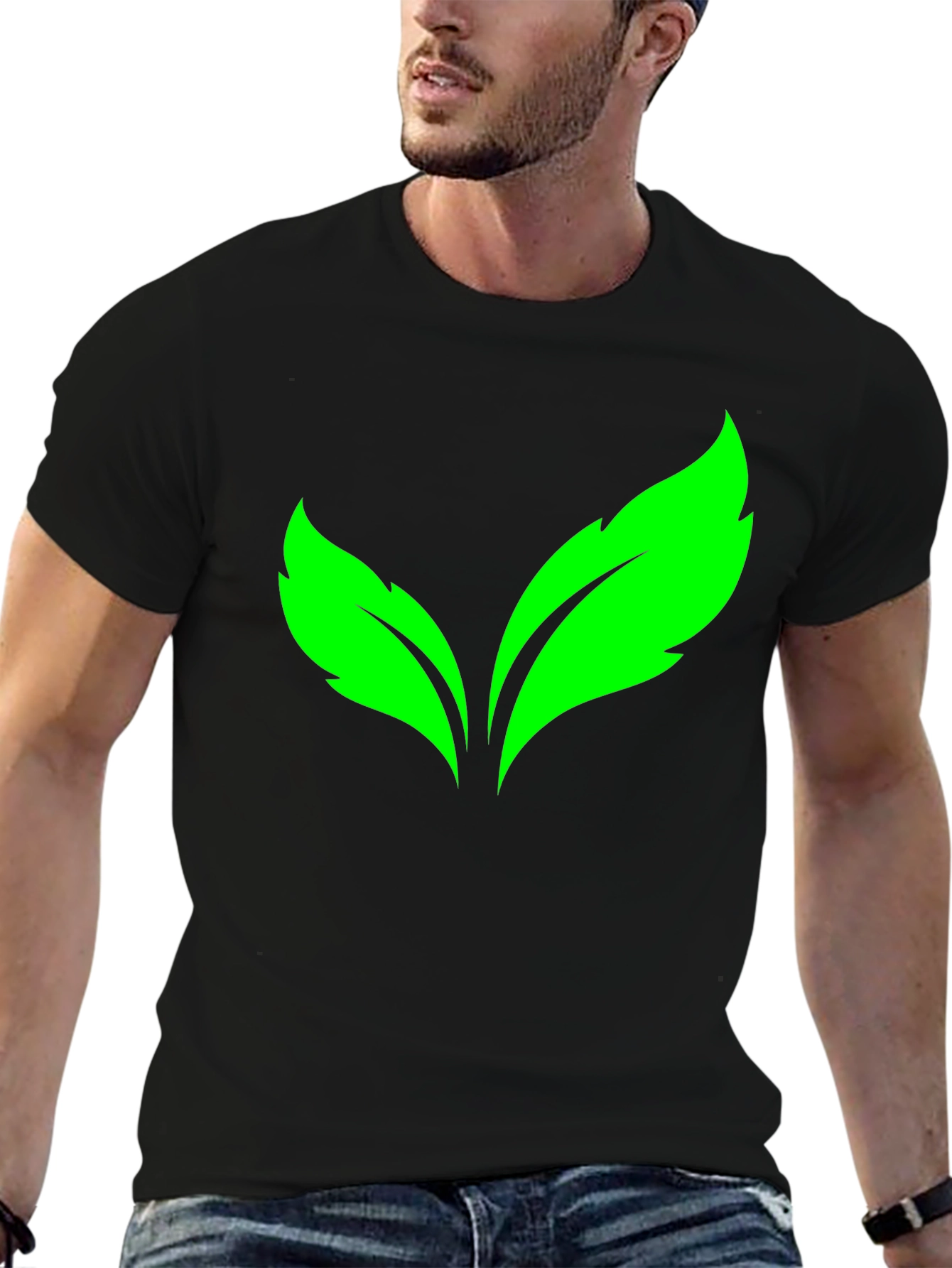Green Leaves Graphic Print Black T-Shirt