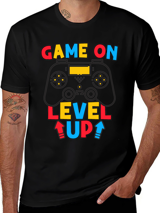 Game On Level Up Mens Black Graphic Tee