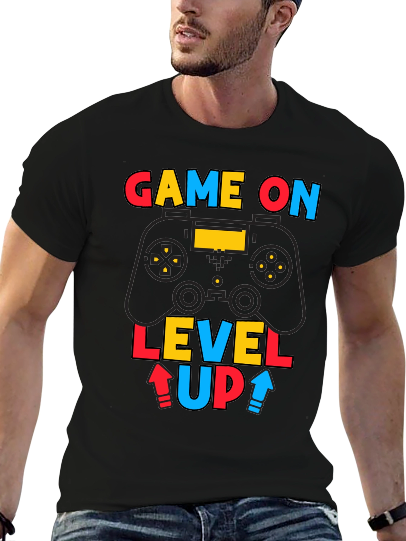 Game On Level Up Mens Black Graphic Tee