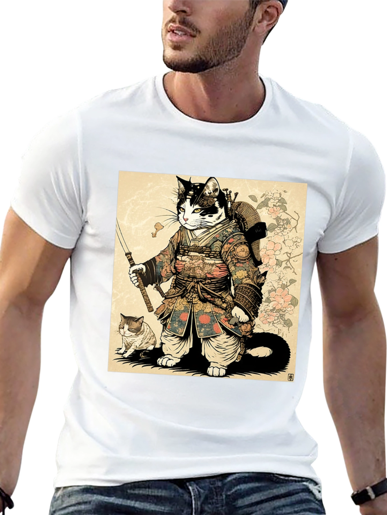 Samurai Cat Graphic Tee - Unique Anime Style Shirt
