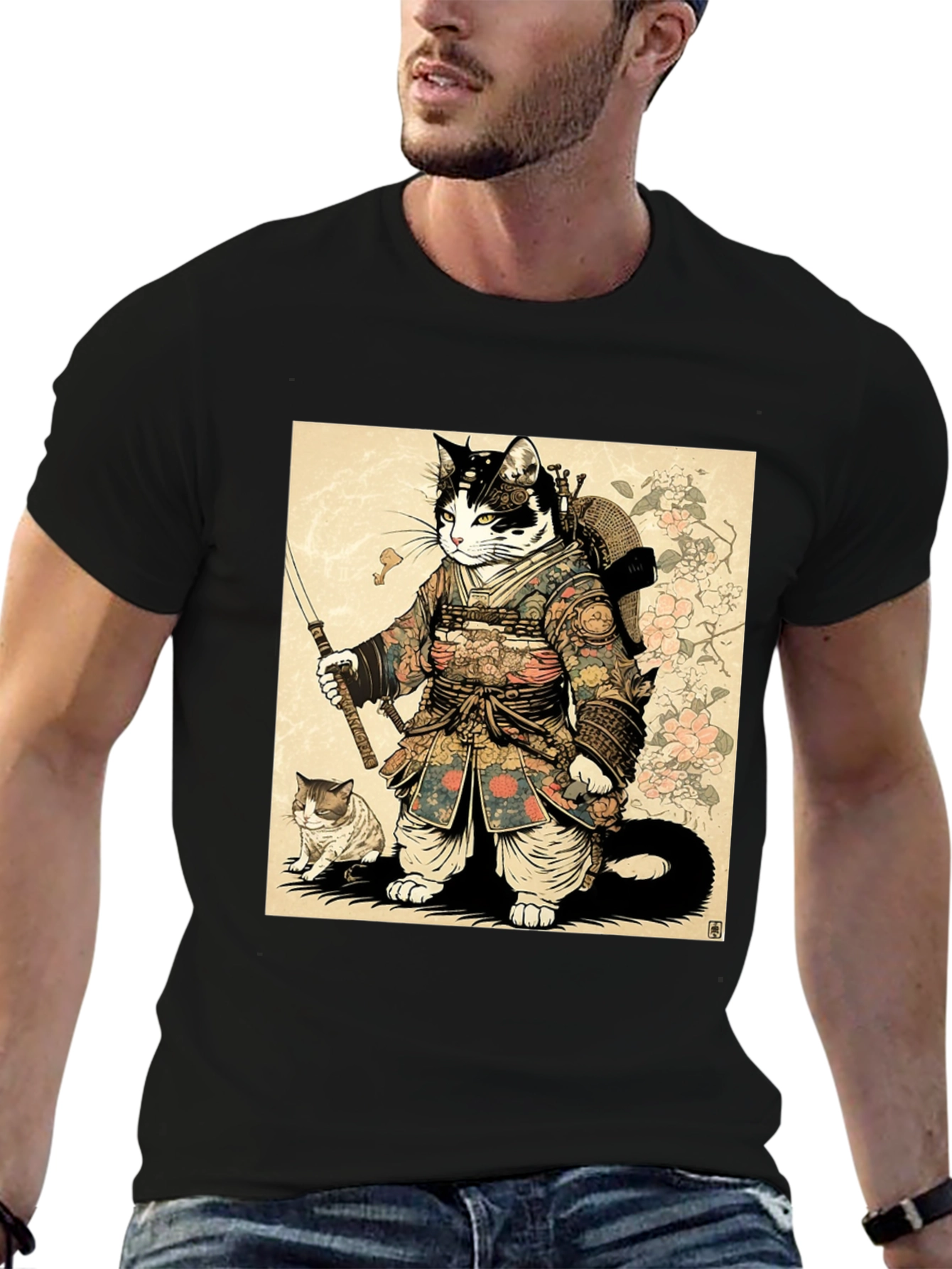 Samurai Cat Graphic Tee - Unique Anime Style Shirt
