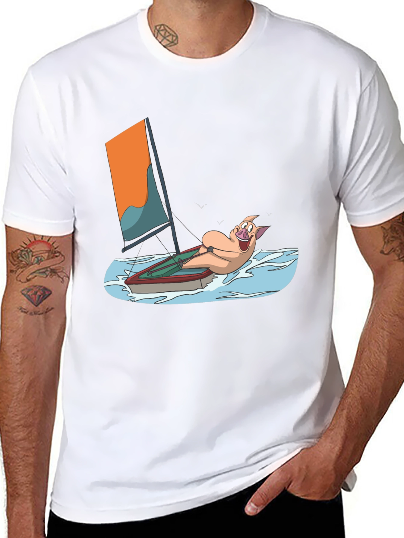Funny Pig Sailing T-Shirt - Black Cotton Tee