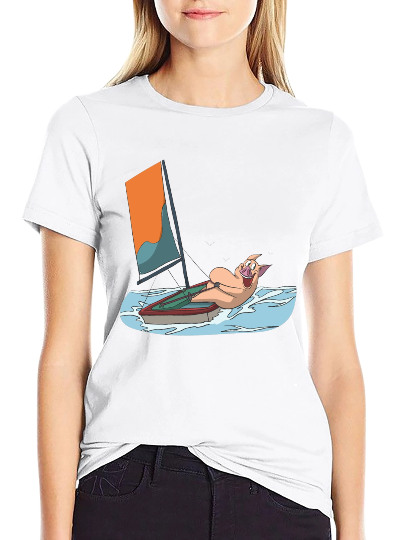 Funny Pig Sailing T-Shirt - Black Cotton Tee