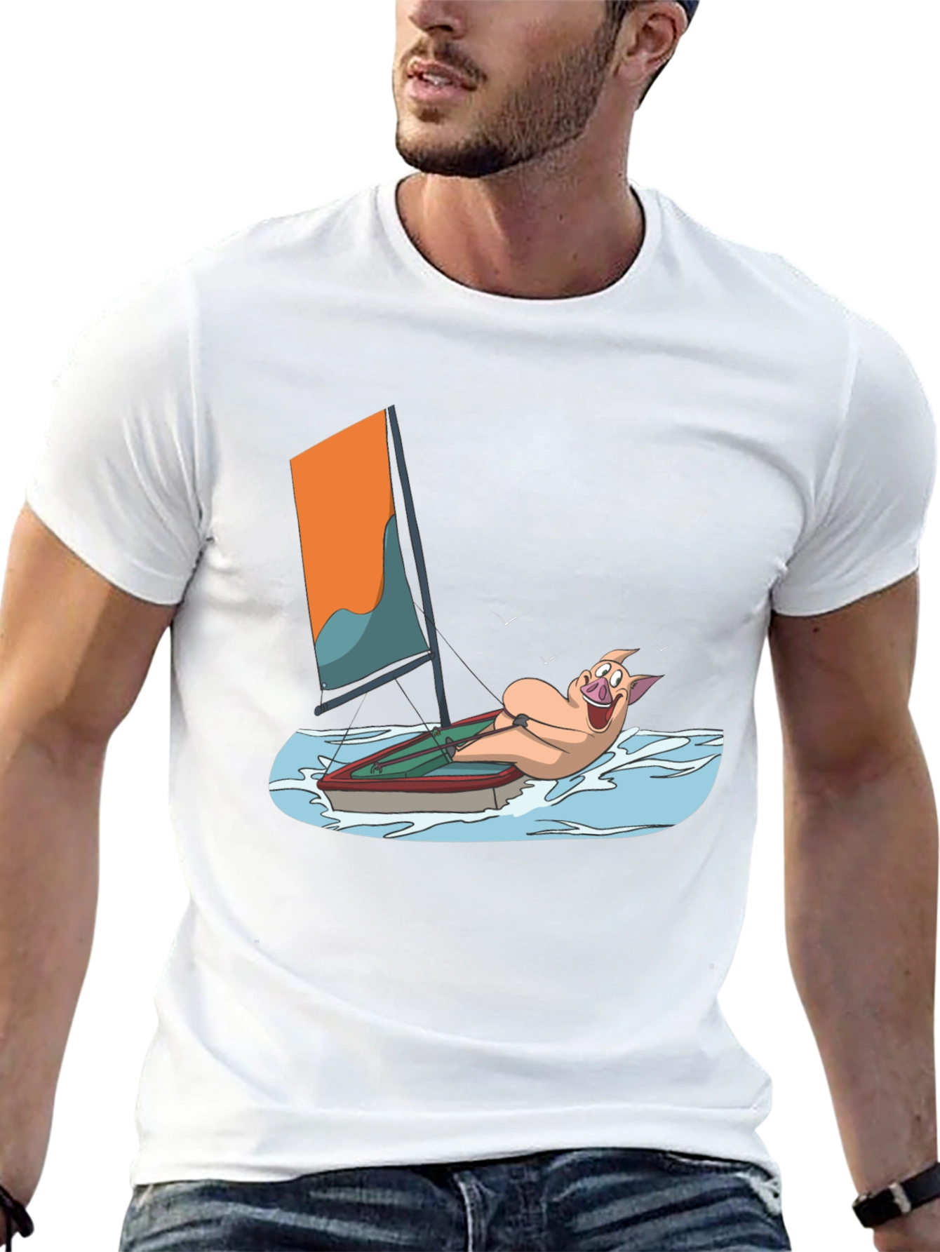 Funny Pig Sailing T-Shirt - Black Cotton Tee