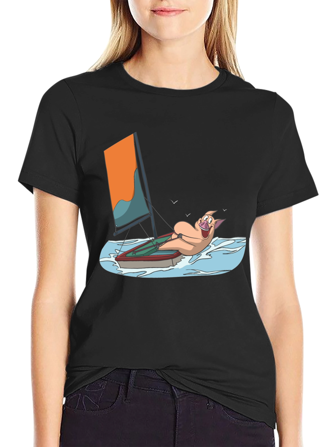 Funny Pig Sailing T-Shirt - Black Cotton Tee