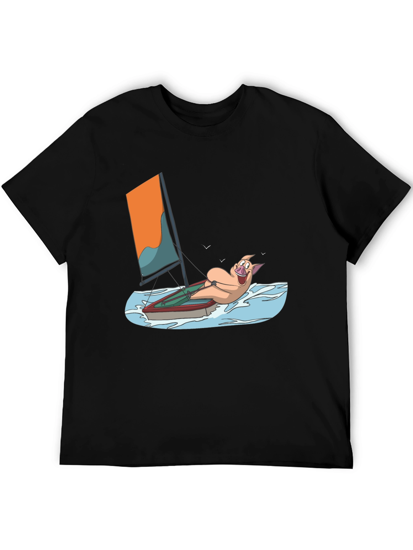 Funny Pig Sailing T-Shirt - Black Cotton Tee