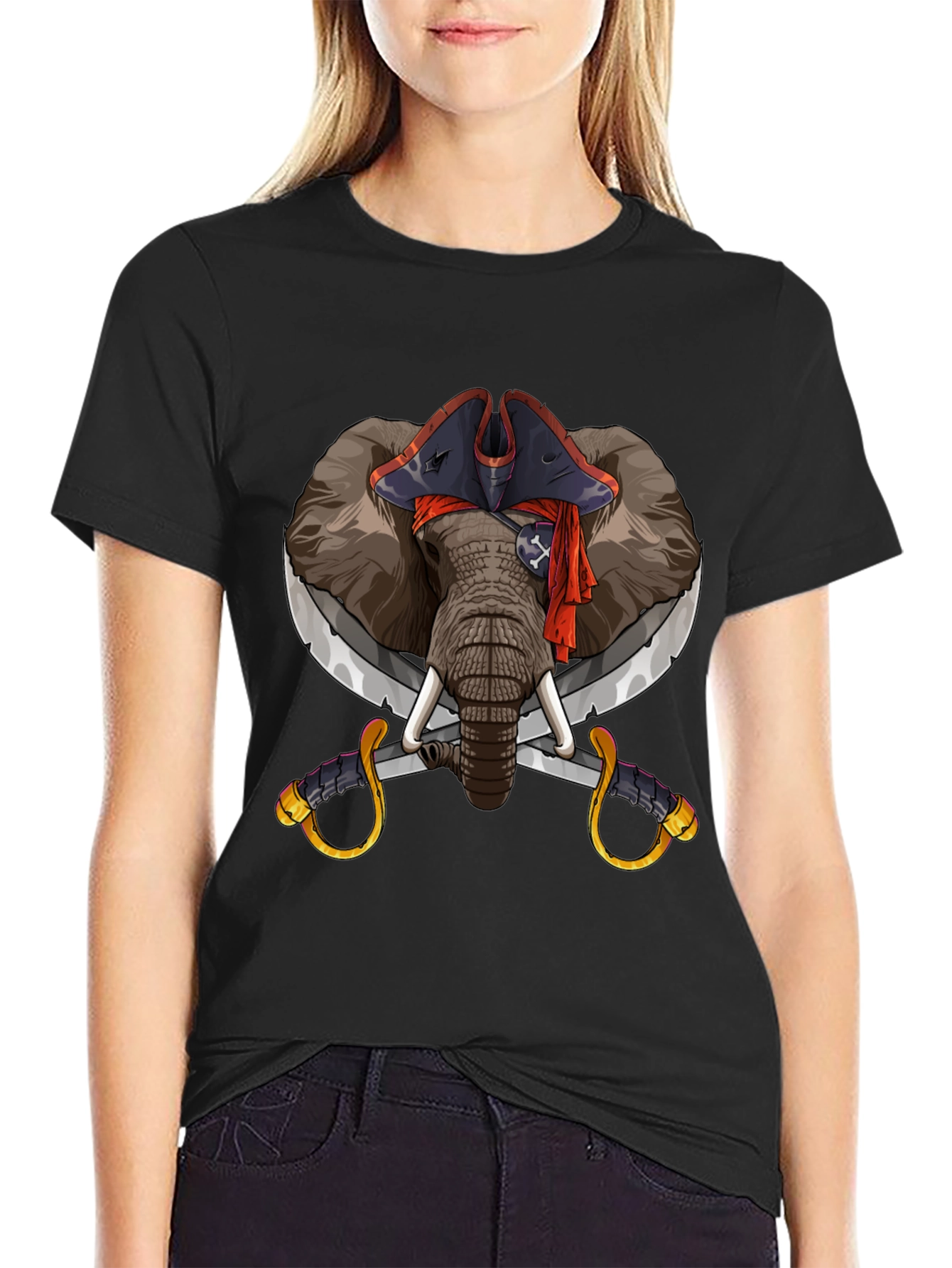 Pirate Elephant Graphic Tee - Black Cotton T-Shirt