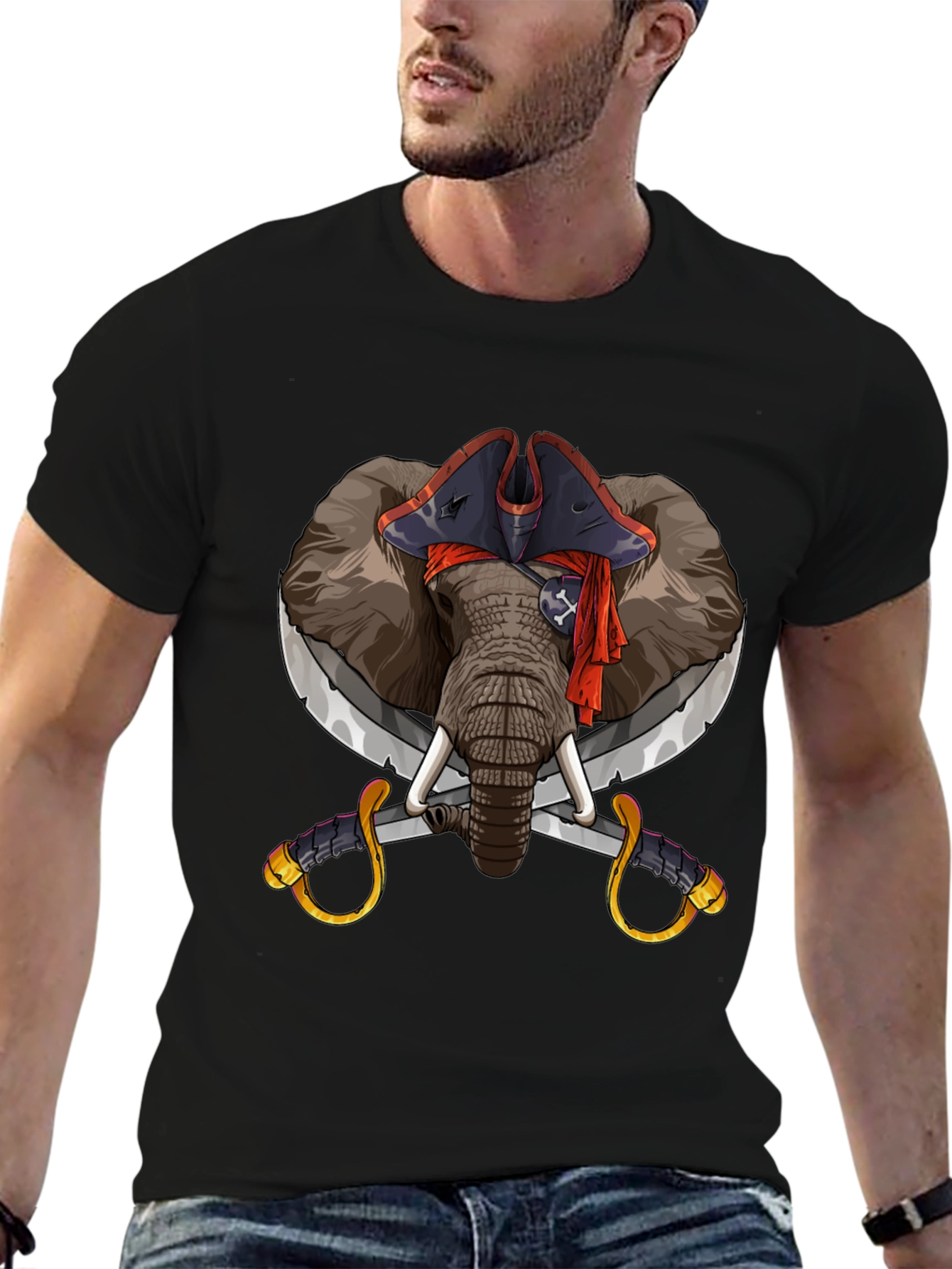 Pirate Elephant Graphic Tee - Black Cotton T-Shirt