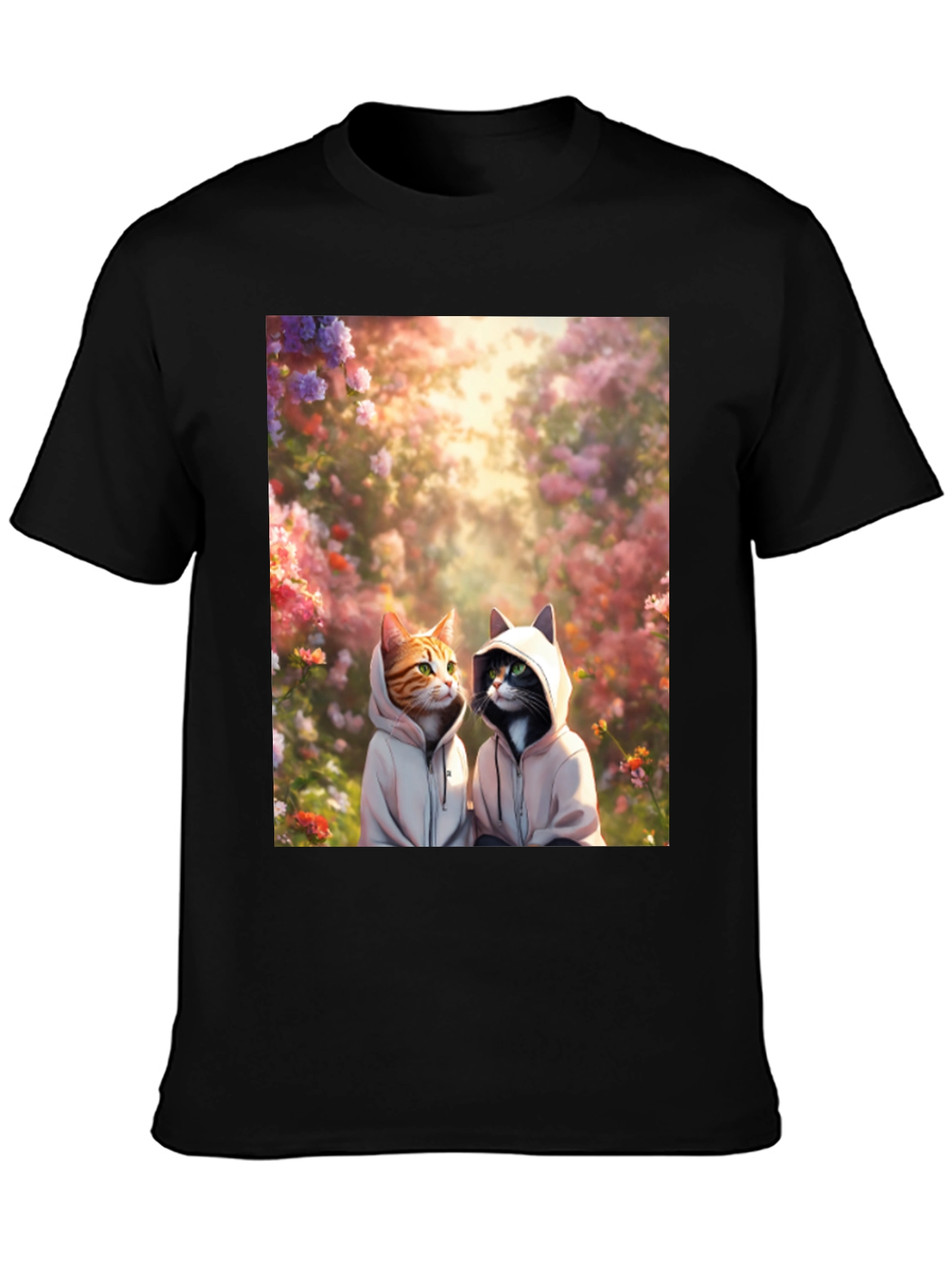 Cats in Hoodies T-Shirt: Floral Garden Design