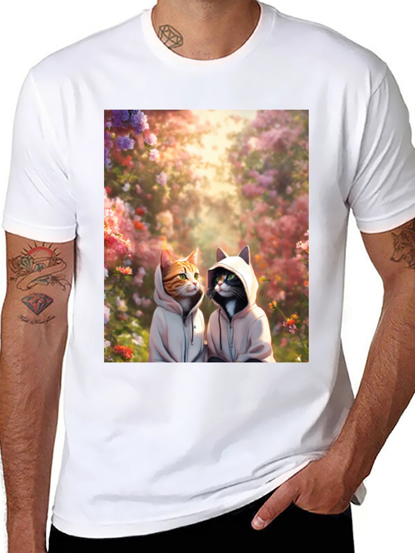 Cats in Hoodies T-Shirt: Floral Garden Design