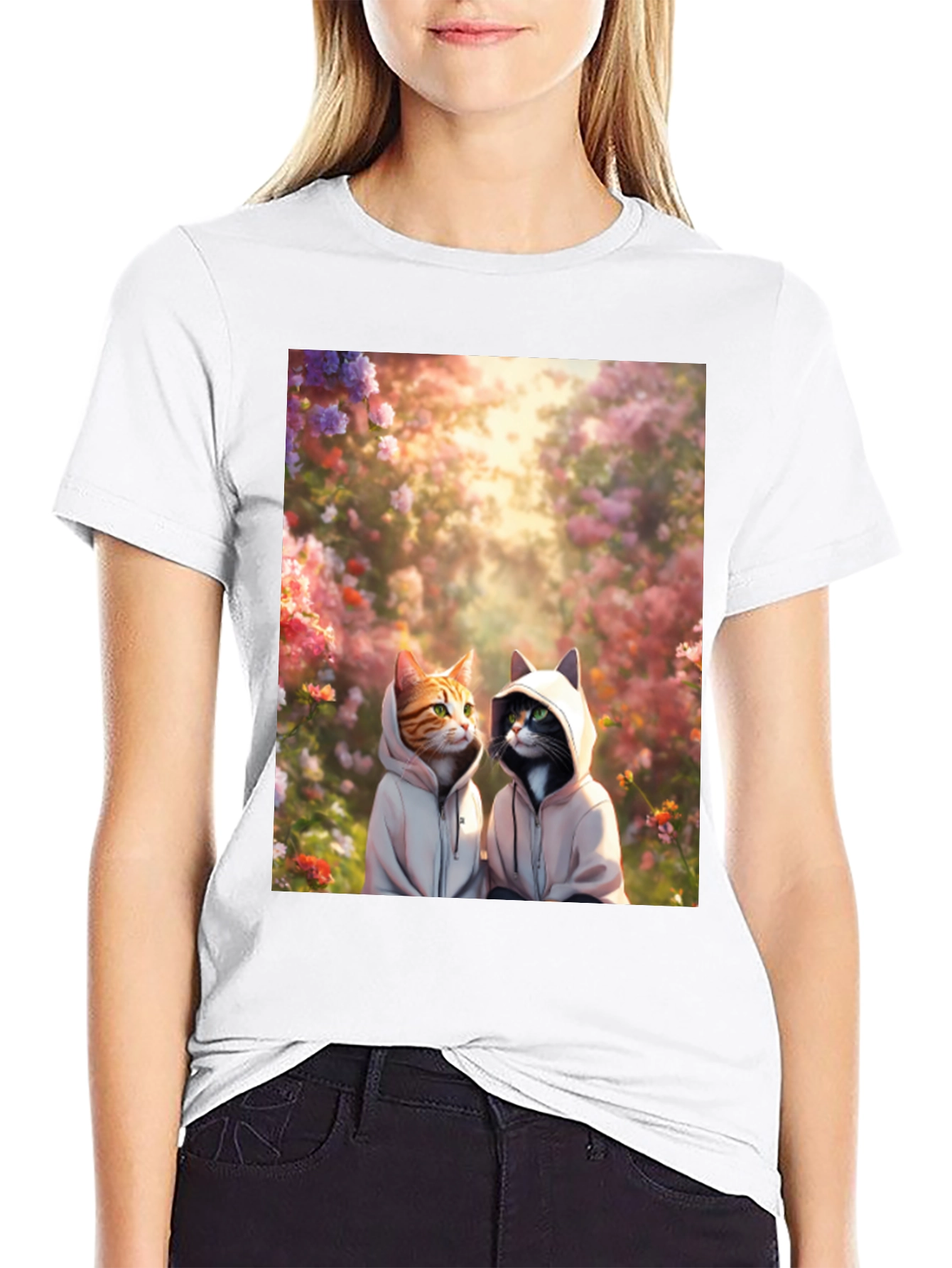 Cats in Hoodies T-Shirt: Floral Garden Design