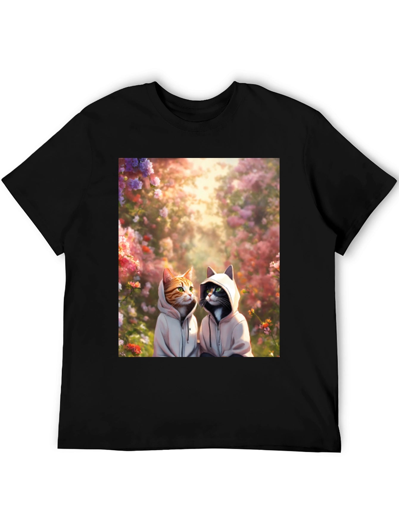 Cats in Hoodies T-Shirt: Floral Garden Design