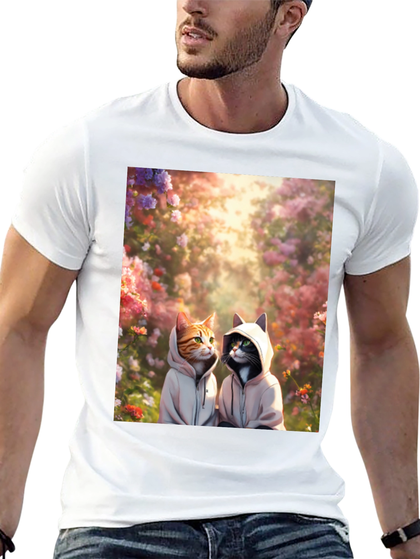 Cats in Hoodies T-Shirt: Floral Garden Design