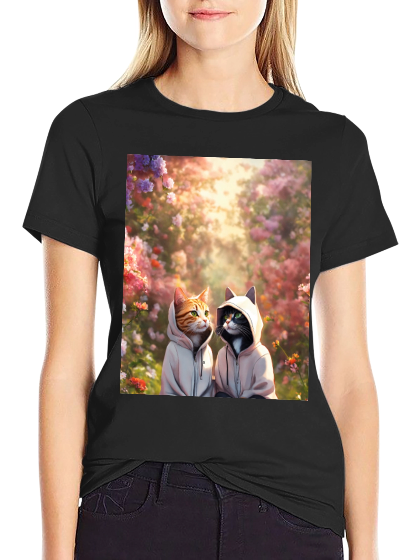 Cats in Hoodies T-Shirt: Floral Garden Design
