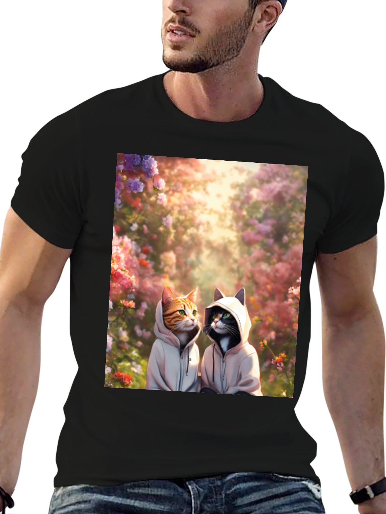 Cats in Hoodies T-Shirt: Floral Garden Design
