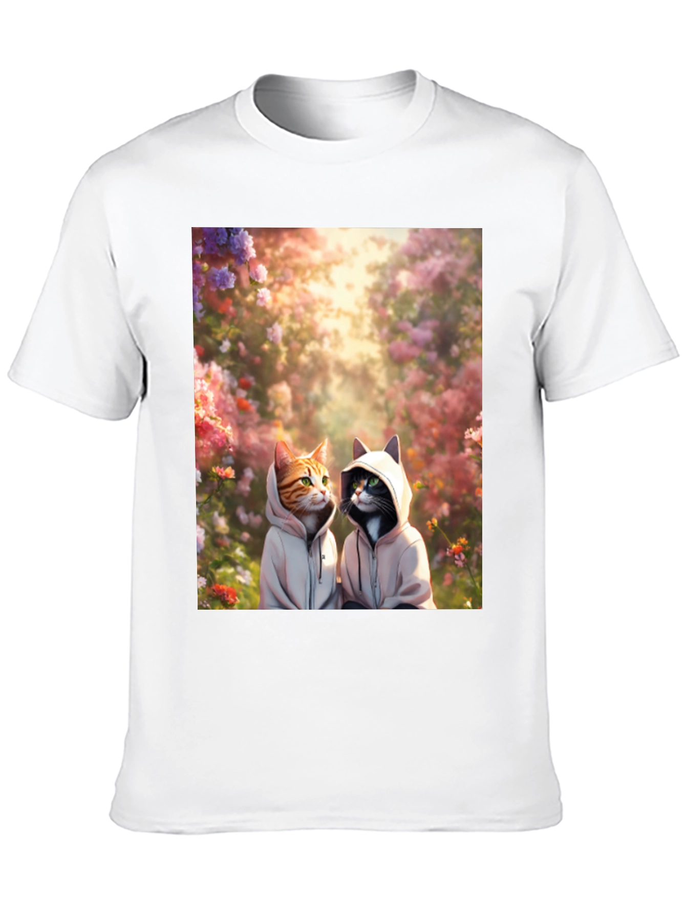 Cats in Hoodies T-Shirt: Floral Garden Design