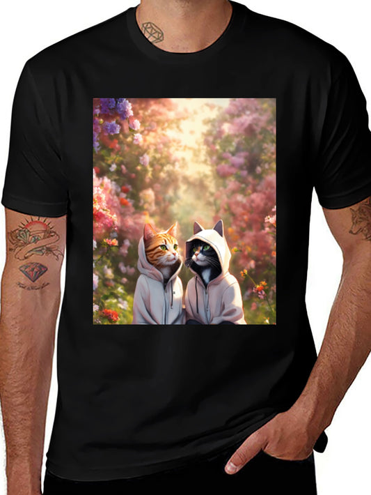 Cats in Hoodies T-Shirt: Floral Garden Design