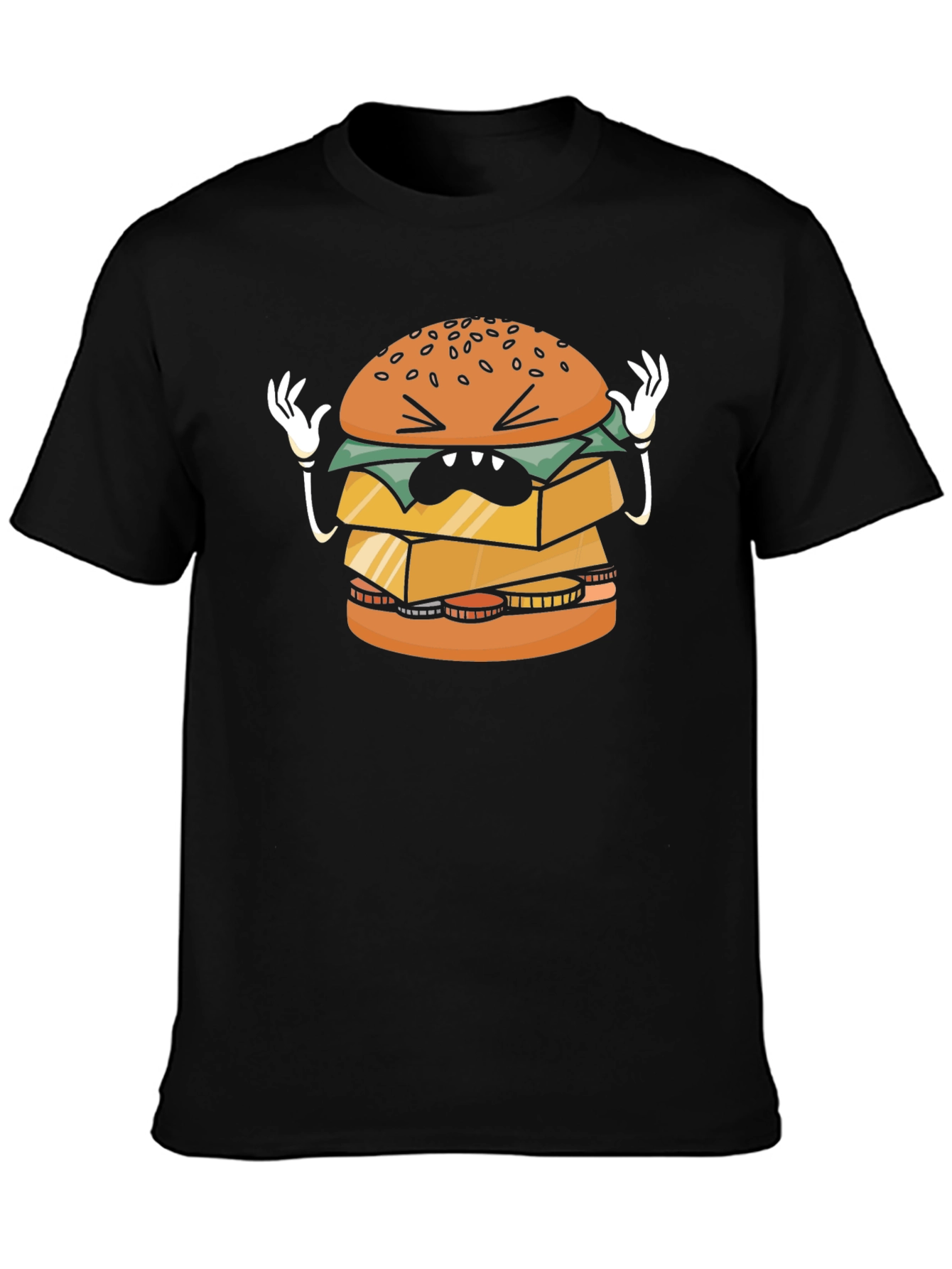 Funny Cartoon Burger Graphic Black T-Shirt