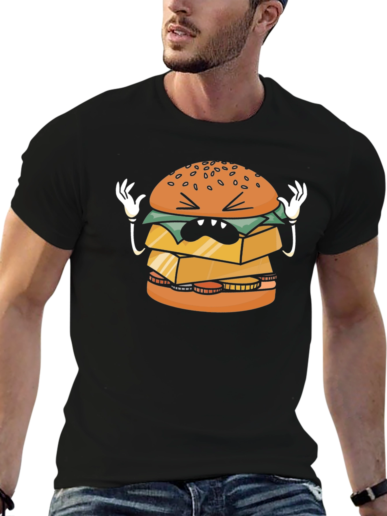 Funny Cartoon Burger Graphic Black T-Shirt