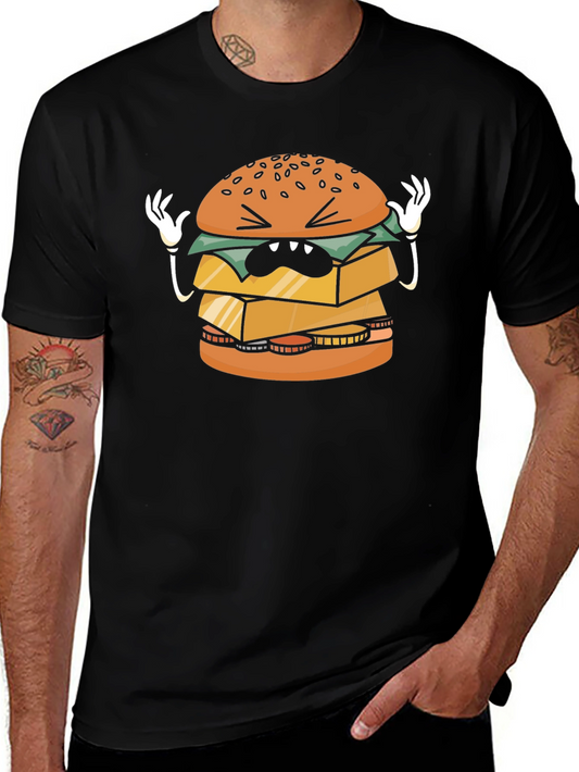 Funny Cartoon Burger Graphic Black T-Shirt