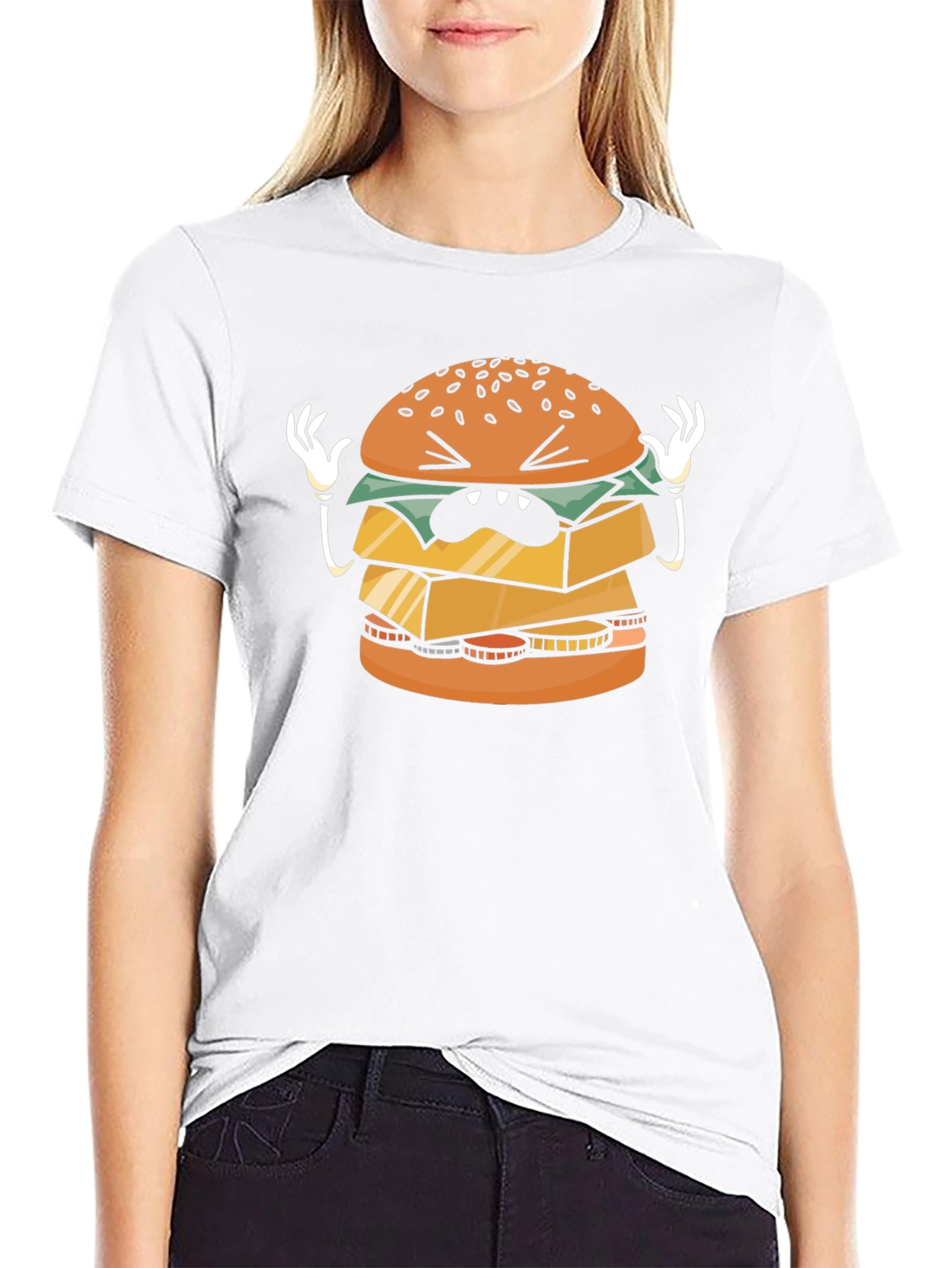 Funny Cartoon Burger Graphic Black T-Shirt