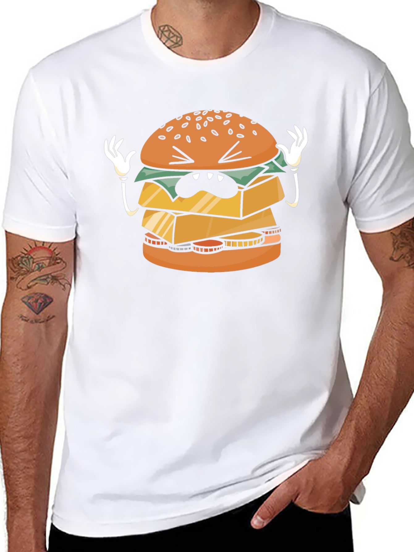 Funny Cartoon Burger Graphic Black T-Shirt