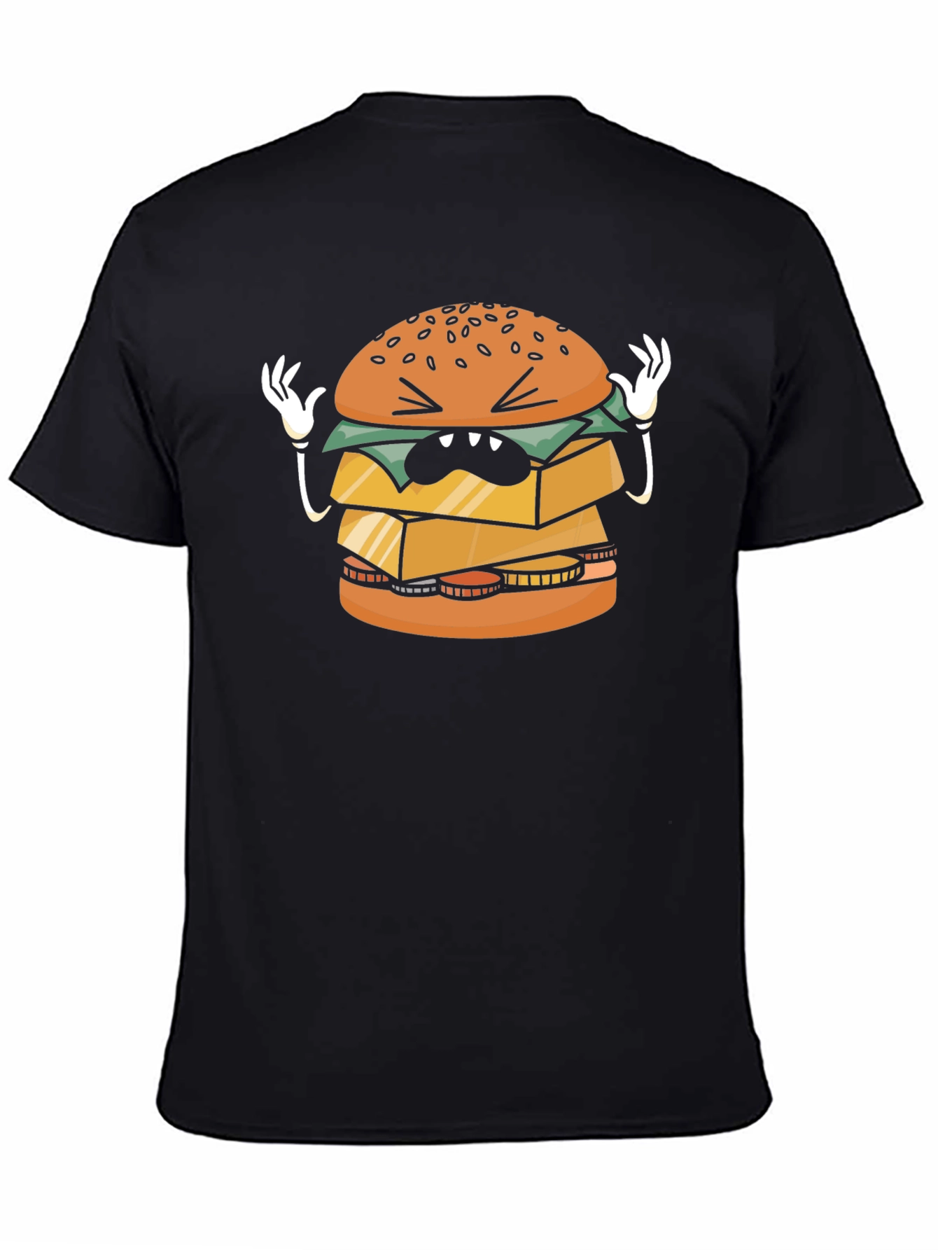 Funny Cartoon Burger Graphic Black T-Shirt