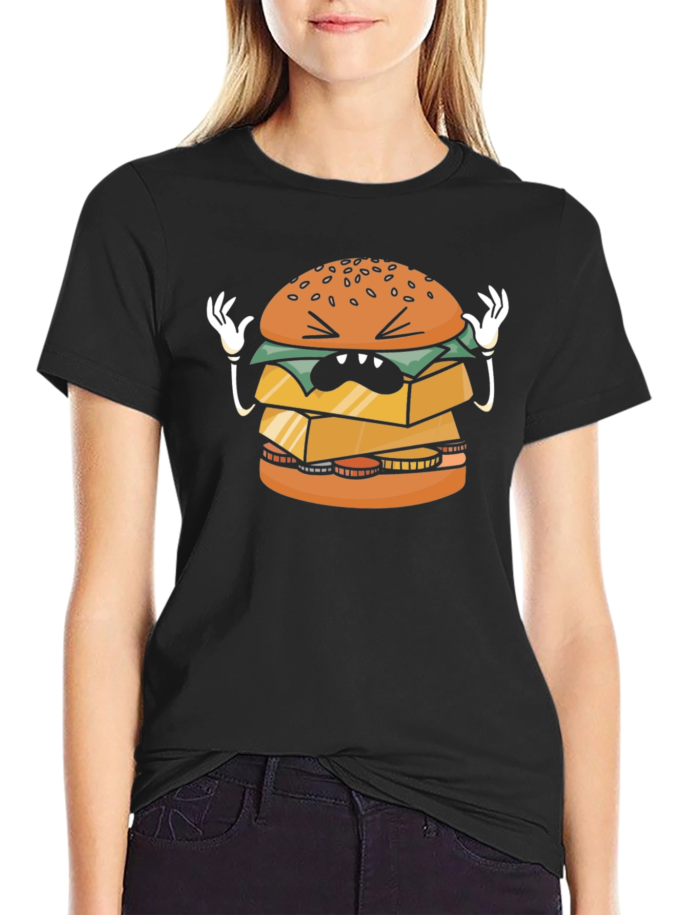 Funny Cartoon Burger Graphic Black T-Shirt