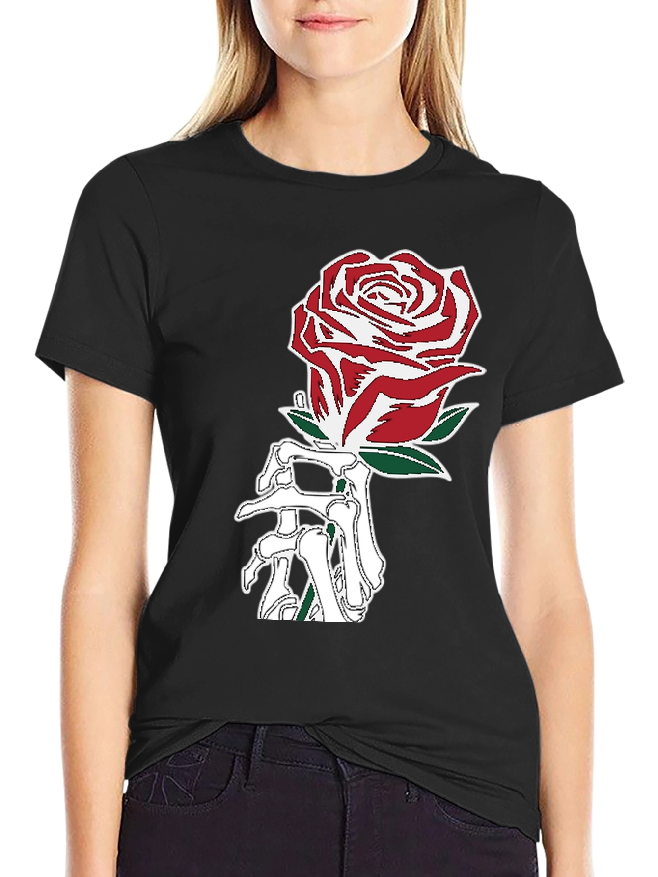 Rose Skeleton Hand Graphic T-Shirt