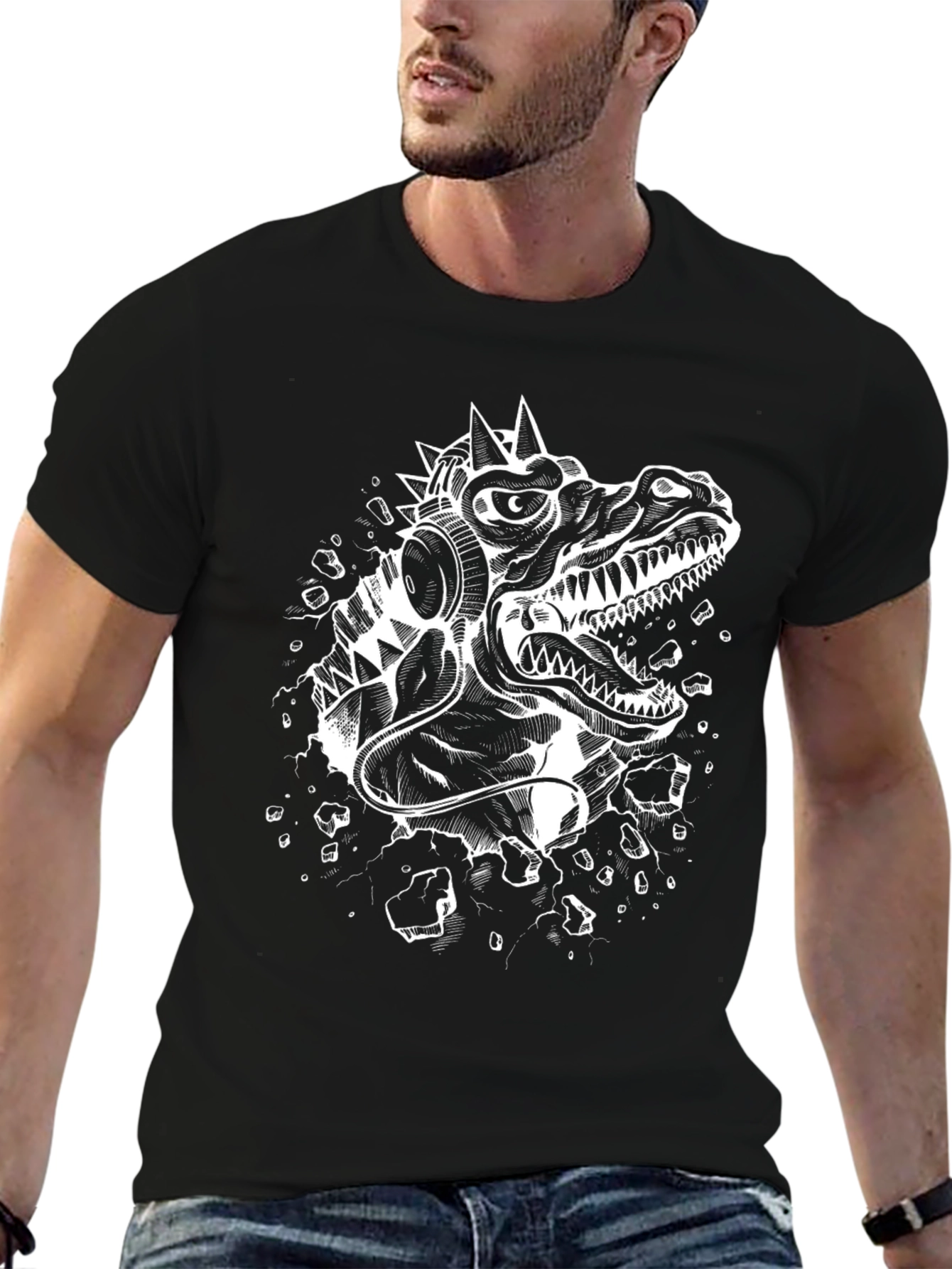 Dino DJ Graphic Tee - Black Cotton T-Shirt