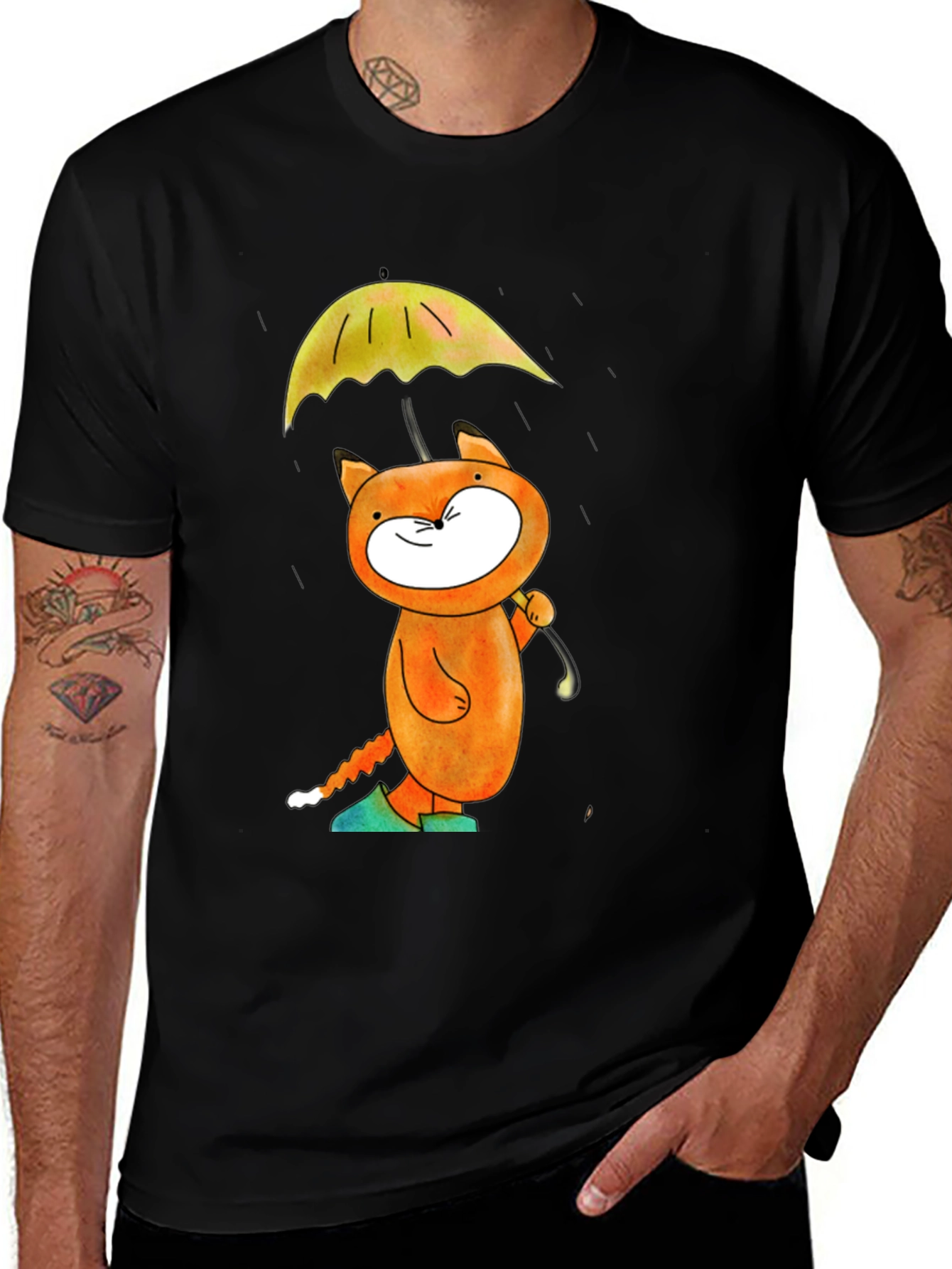 Whimsical Cat & Umbrella Graphic T-Shirt