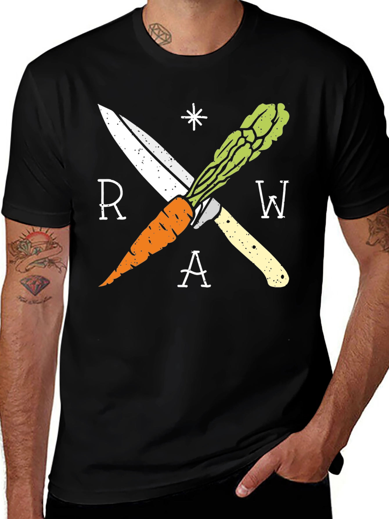 Raw Vegan T-Shirt with Carrot & Asparagus Design