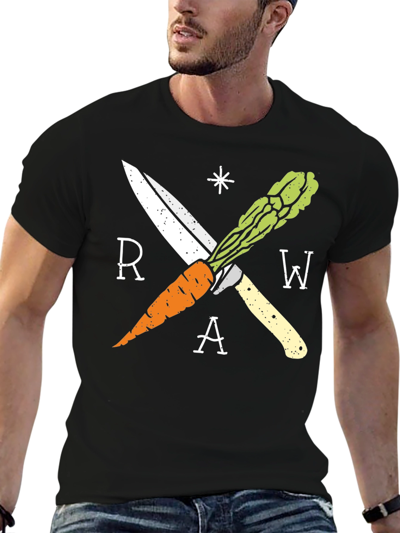 Raw Vegan T-Shirt with Carrot & Asparagus Design