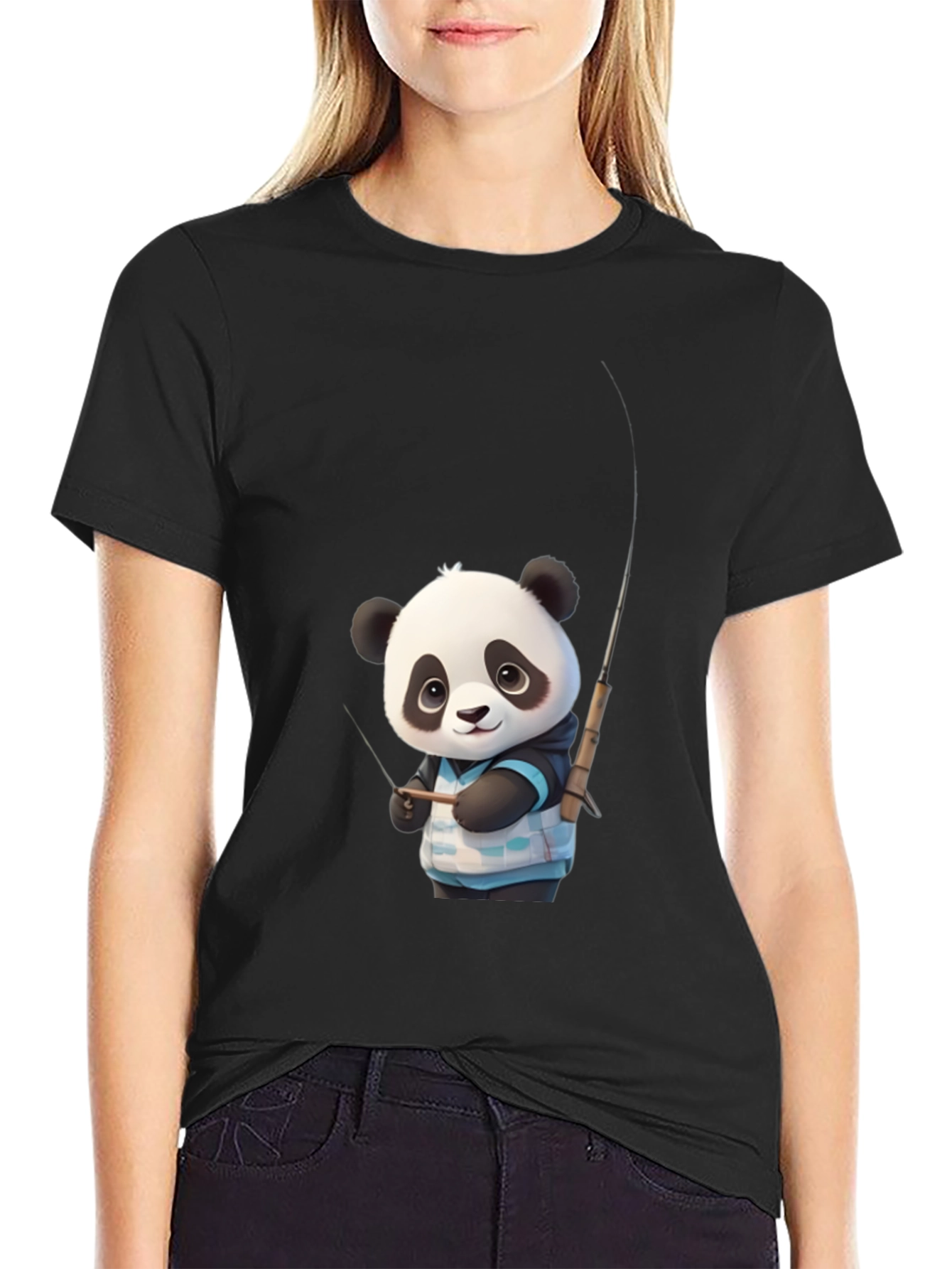 Panda Fishing Graphic Tee - Stylish Black T-Shirt